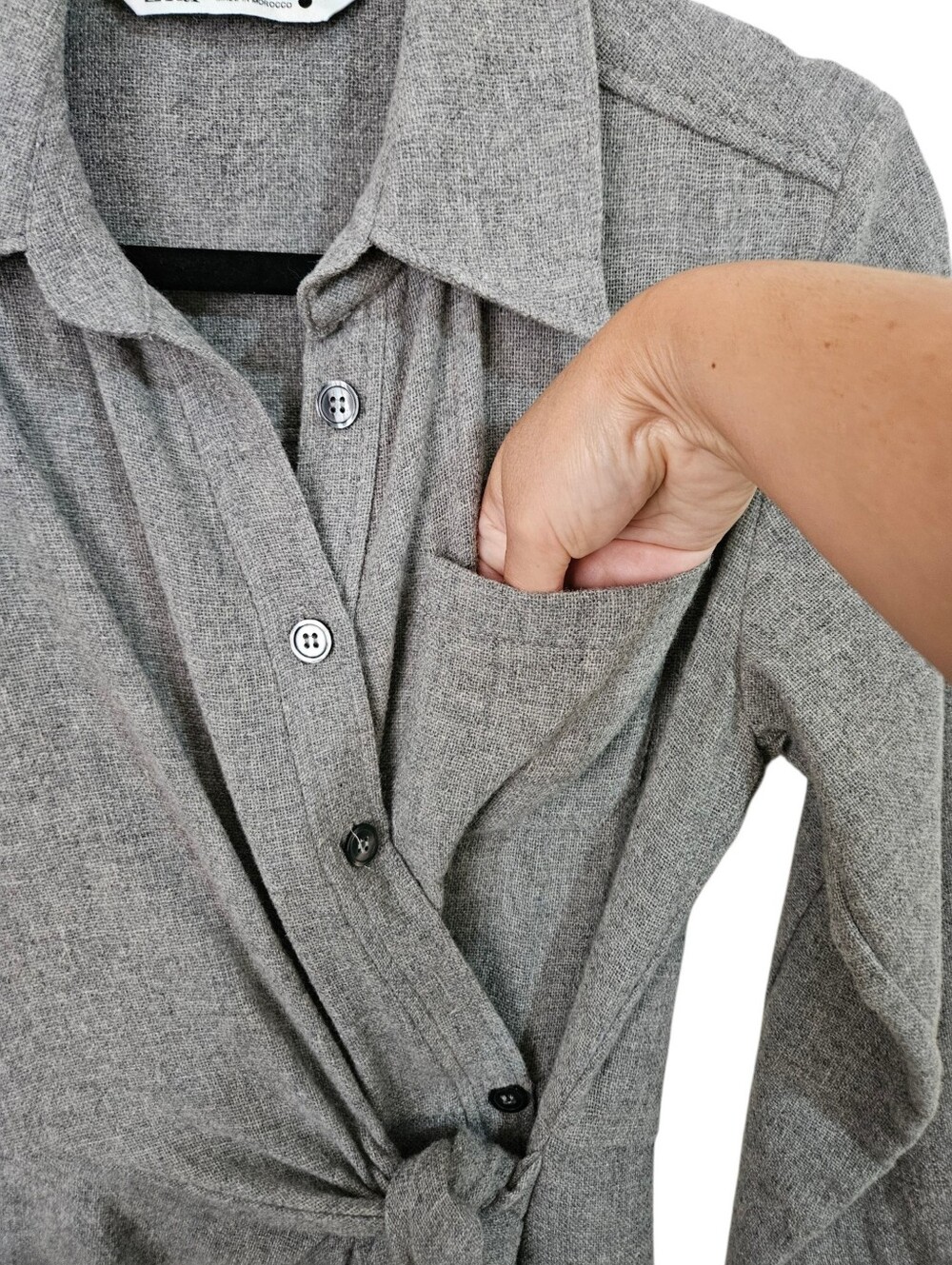 ZARA Wool Blend Heathered Grey Midi Wrap Shirt Dress M Dark Academia Office - Picture 5 of 12